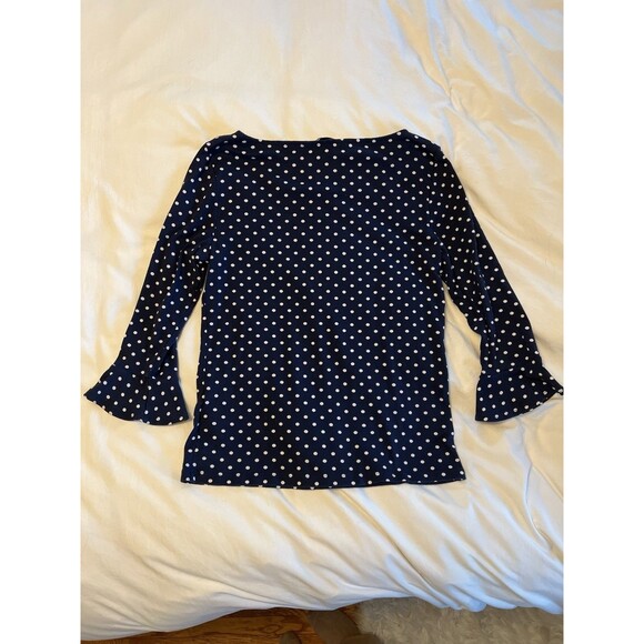 Ralph Lauren LRL Polka Dot Bell 3/4 Sleeve Boat Neck Blouse Navy White Women L - Picture 2 of 7